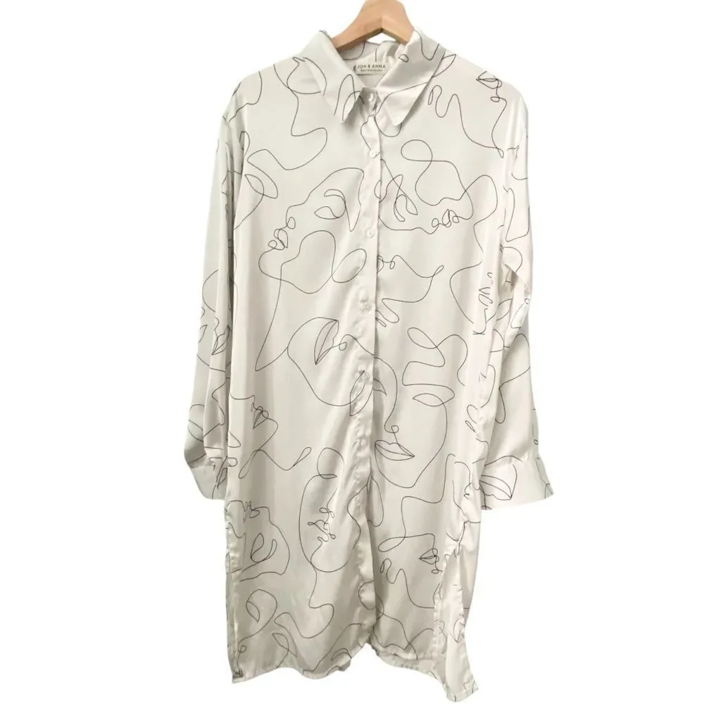 Jon & Anna Contemporary Semi Sheer Abstract Face Print Button-Up Shirt Dress in